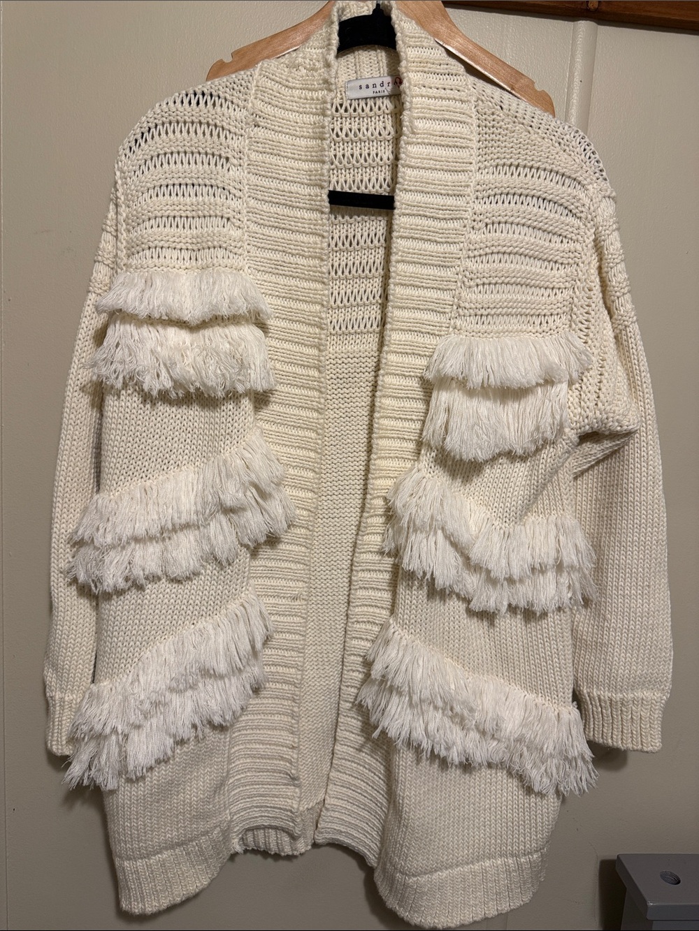 Sandro Gisele  Cream Fringe Open-Front Cardigan Sweater size 1